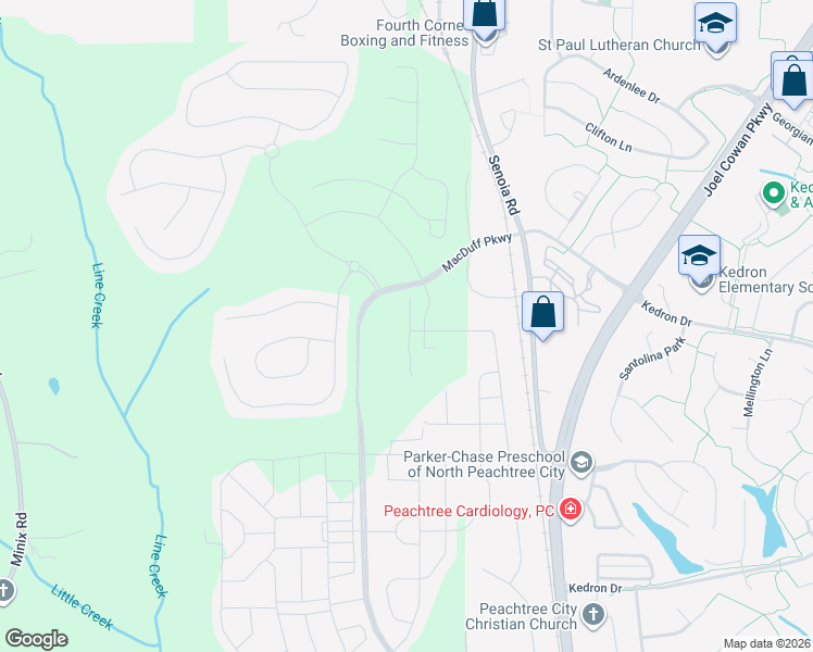 map of restaurants, bars, coffee shops, grocery stores, and more near 132 Vivian Lane in Peachtree City