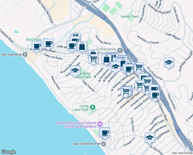 map of restaurants, bars, coffee shops, grocery stores, and more near 129 West Canada in San Clemente
