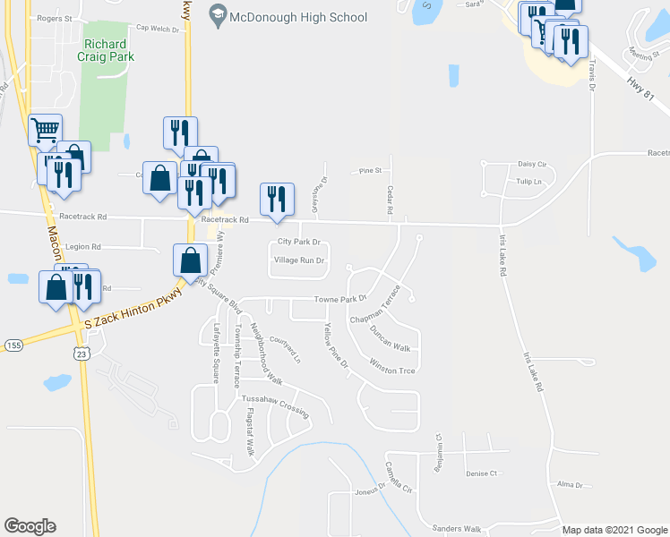 map of restaurants, bars, coffee shops, grocery stores, and more near 485 City Park Drive in McDonough