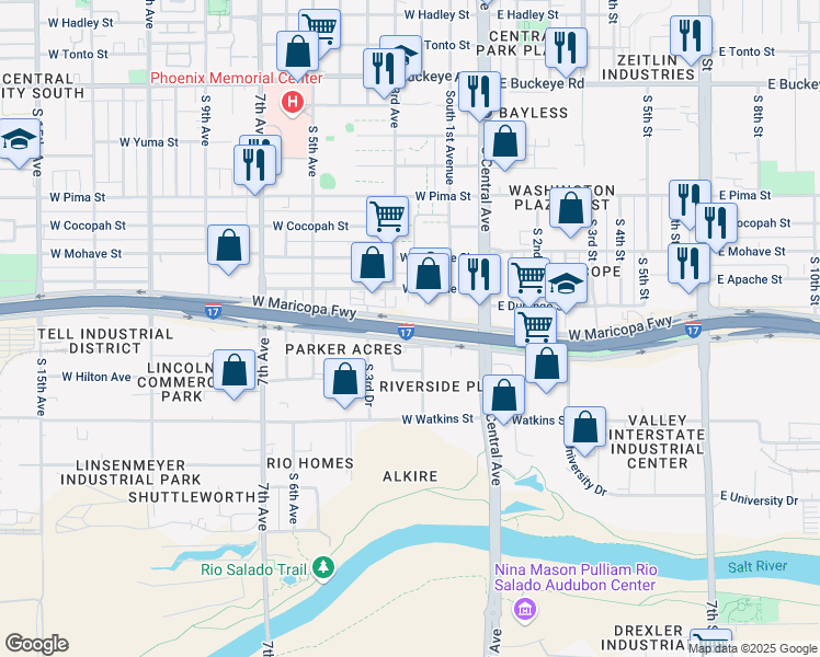 map of restaurants, bars, coffee shops, grocery stores, and more near Interstate 17 in Phoenix