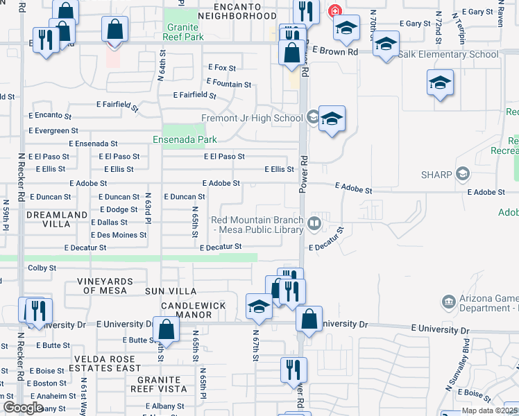 map of restaurants, bars, coffee shops, grocery stores, and more near 6649 East Dodge Street in Mesa