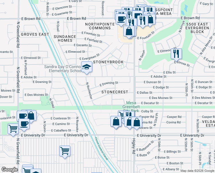 map of restaurants, bars, coffee shops, grocery stores, and more near 5016 East Dartmouth Street in Mesa