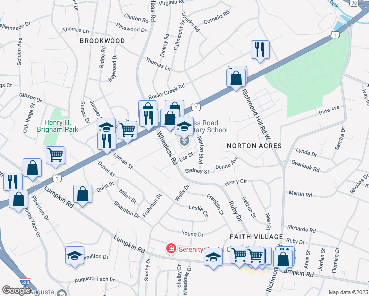 map of restaurants, bars, coffee shops, grocery stores, and more near 2530 Wheeless Road in Augusta