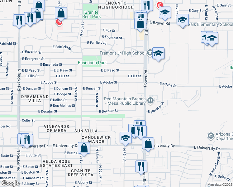 map of restaurants, bars, coffee shops, grocery stores, and more near 6613 East Dodge Street in Mesa