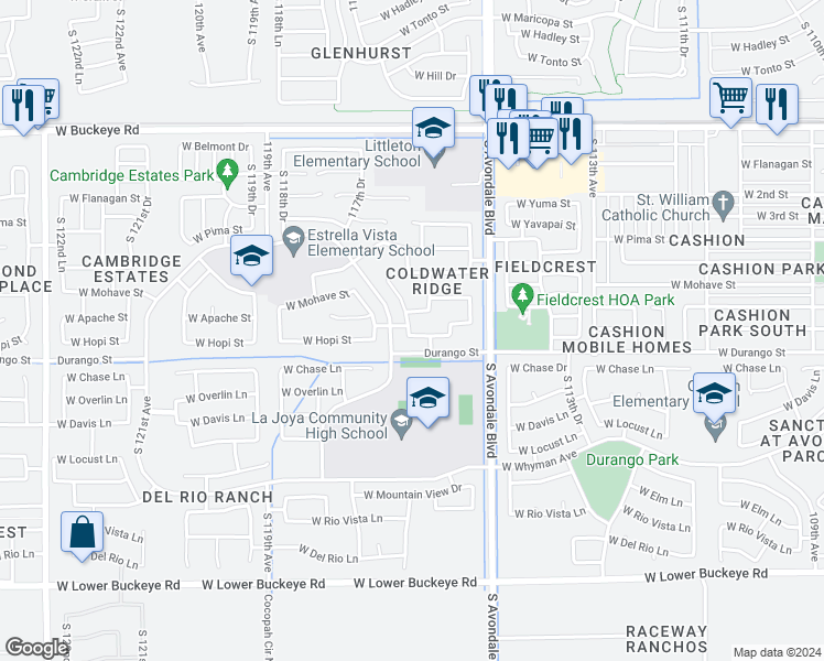 map of restaurants, bars, coffee shops, grocery stores, and more near 11614 West Hopi Street in Avondale