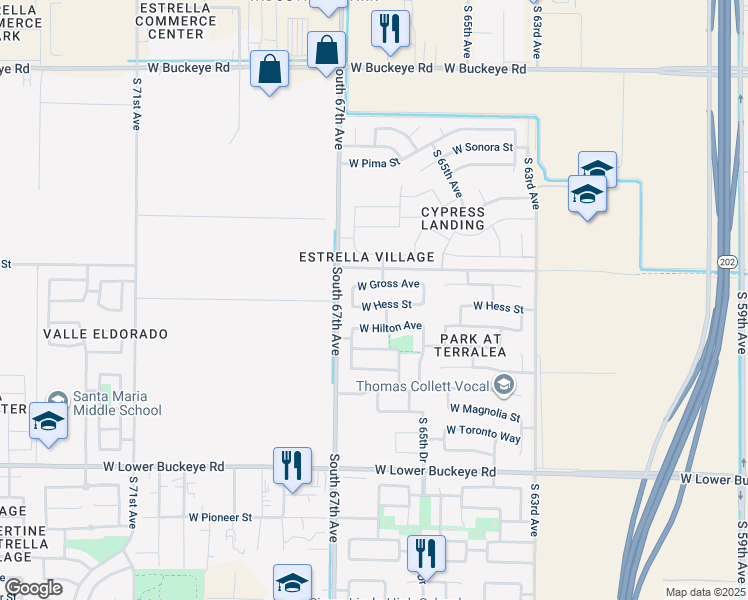 map of restaurants, bars, coffee shops, grocery stores, and more near 6626 West Hess Street in Phoenix