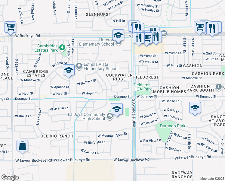 map of restaurants, bars, coffee shops, grocery stores, and more near 11614 West Hopi Street in Avondale
