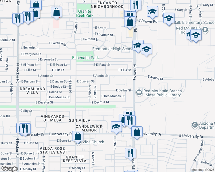 map of restaurants, bars, coffee shops, grocery stores, and more near 6613 East Dodge Street in Mesa