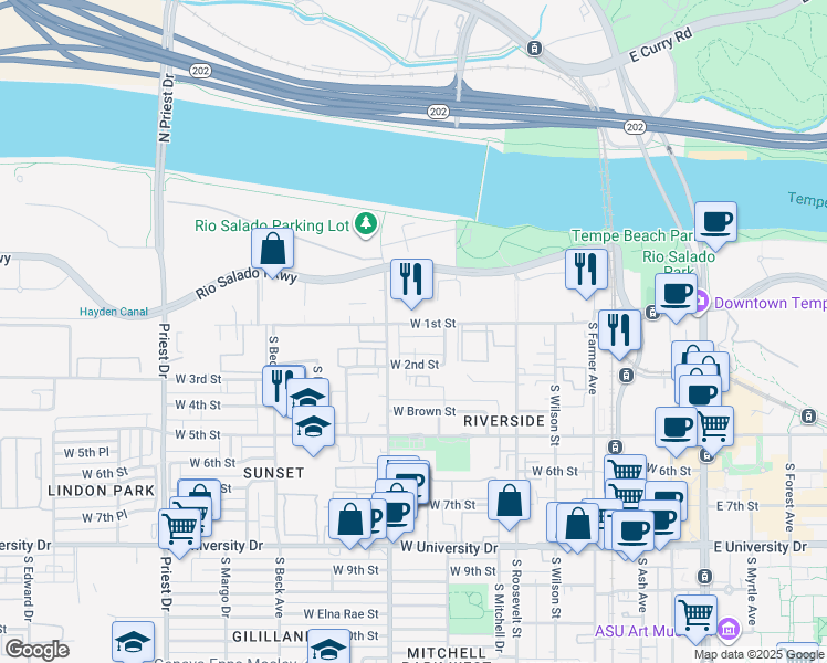map of restaurants, bars, coffee shops, grocery stores, and more near 128 South Carney Avenue in Tempe