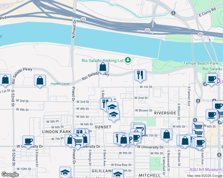 map of restaurants, bars, coffee shops, grocery stores, and more near 1065 West 1st Street in Tempe