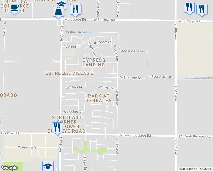 map of restaurants, bars, coffee shops, grocery stores, and more near 6328 West Hess Street in Phoenix
