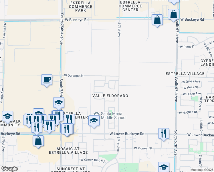 map of restaurants, bars, coffee shops, grocery stores, and more near 2032 South 71st Lane in Phoenix