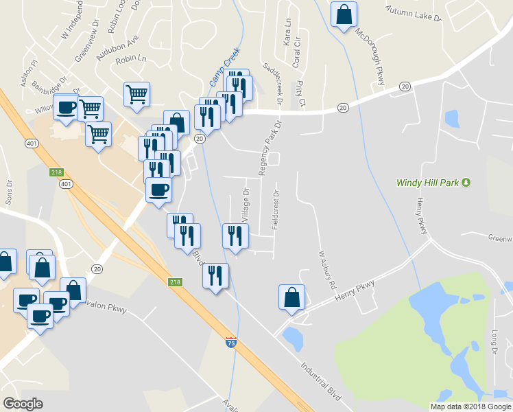 map of restaurants, bars, coffee shops, grocery stores, and more near 175 Regency Park Drive in McDonough