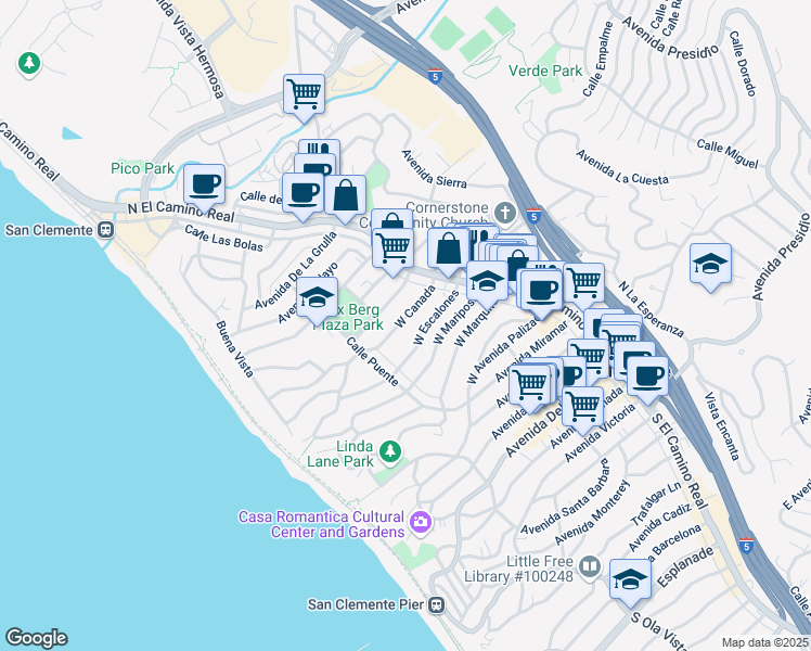 map of restaurants, bars, coffee shops, grocery stores, and more near 129 West Canada in San Clemente
