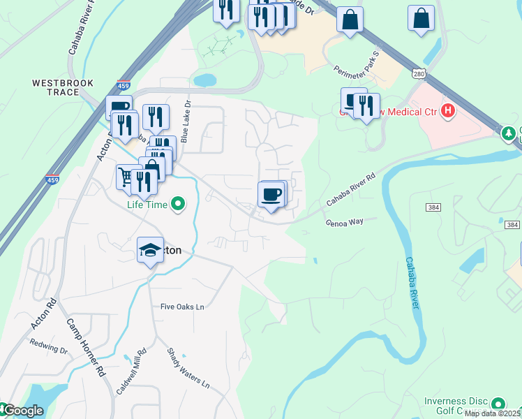map of restaurants, bars, coffee shops, grocery stores, and more near 4901 Cahaba River Road in Birmingham