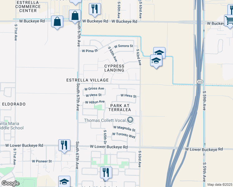 map of restaurants, bars, coffee shops, grocery stores, and more near 6406 West Hess Street in Phoenix