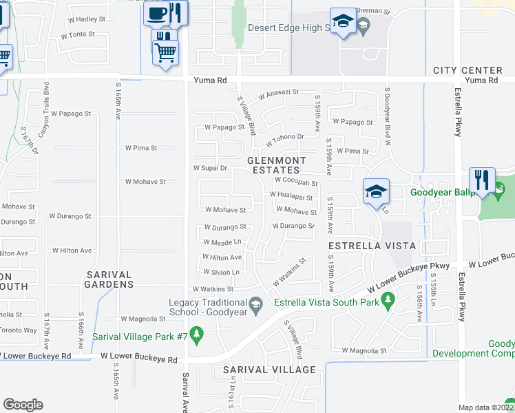 map of restaurants, bars, coffee shops, grocery stores, and more near 16114 West Mohave Street in Goodyear
