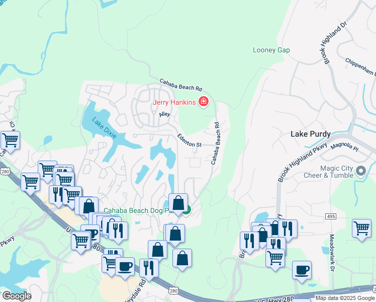 map of restaurants, bars, coffee shops, grocery stores, and more near 1104 Barristers Court in Birmingham