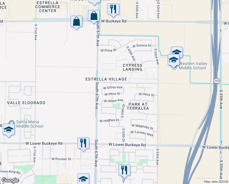 map of restaurants, bars, coffee shops, grocery stores, and more near 6530 West Hess Street in Phoenix