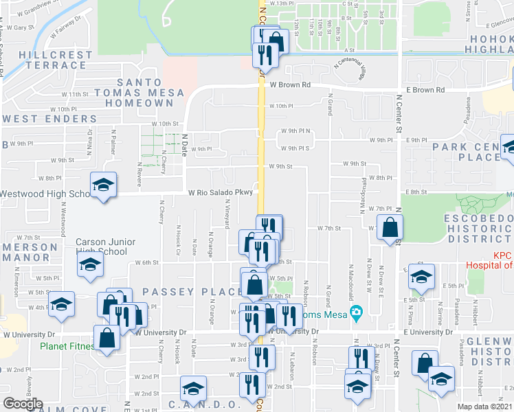 map of restaurants, bars, coffee shops, grocery stores, and more near 740 North Country Club Drive in Mesa