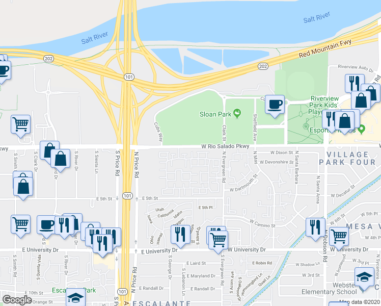 map of restaurants, bars, coffee shops, grocery stores, and more near West Rio Salado Parkway in Mesa