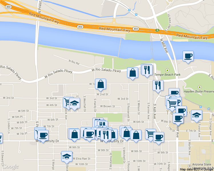 map of restaurants, bars, coffee shops, grocery stores, and more near 128 South Carney Avenue in Tempe