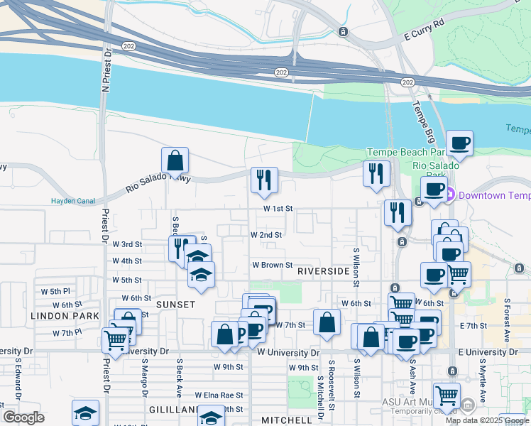 map of restaurants, bars, coffee shops, grocery stores, and more near 128 South Carney Avenue in Tempe