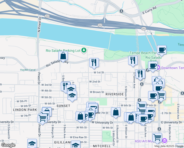 map of restaurants, bars, coffee shops, grocery stores, and more near 128 South Carney Avenue in Tempe