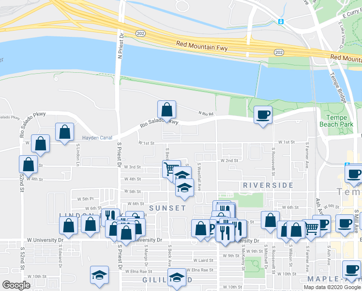 map of restaurants, bars, coffee shops, grocery stores, and more near 1065 West 1st Street in Tempe