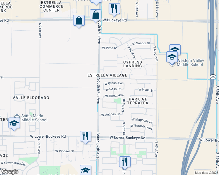 map of restaurants, bars, coffee shops, grocery stores, and more near 6626 West Hess Street in Phoenix