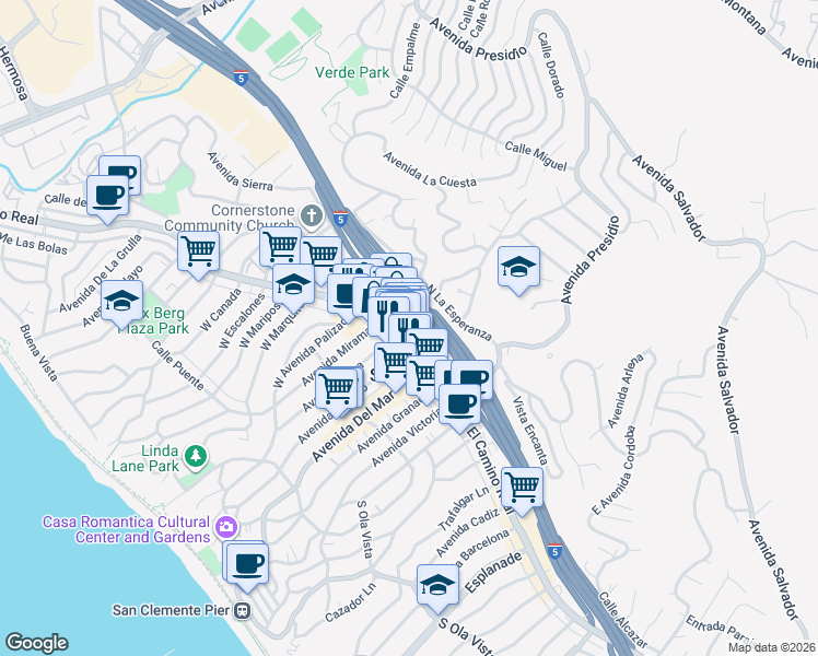 map of restaurants, bars, coffee shops, grocery stores, and more near 303 North El Camino Real in San Clemente