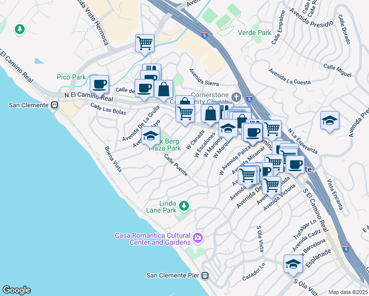 map of restaurants, bars, coffee shops, grocery stores, and more near 129 West Canada in San Clemente
