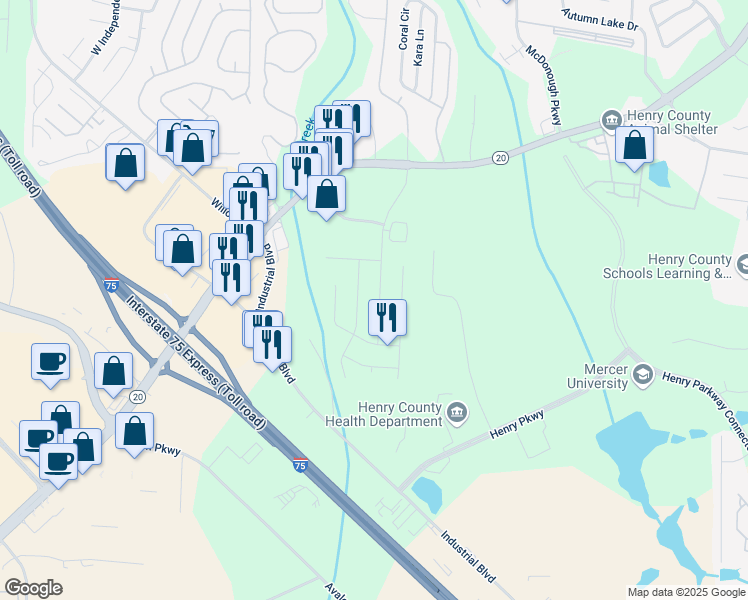 map of restaurants, bars, coffee shops, grocery stores, and more near 175 Regency Park Drive in McDonough