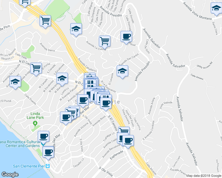 map of restaurants, bars, coffee shops, grocery stores, and more near 128 North La Esperanza in San Clemente