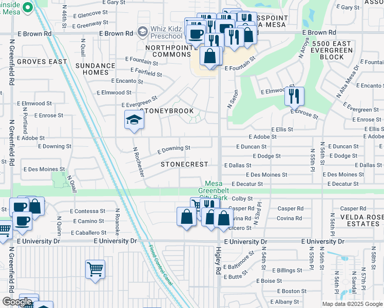 map of restaurants, bars, coffee shops, grocery stores, and more near 5058 E Dartmouth Cir in Mesa