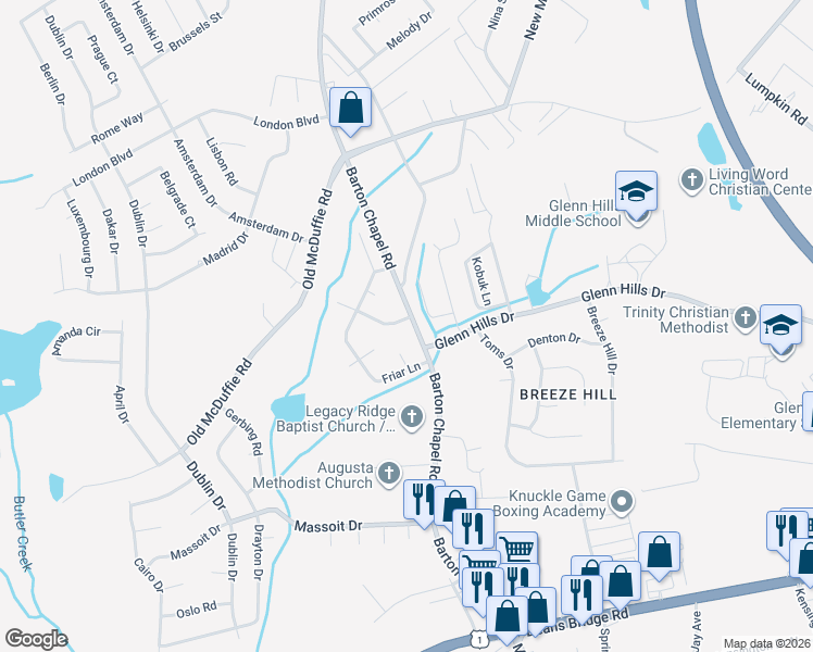 map of restaurants, bars, coffee shops, grocery stores, and more near 3602 Abbey Road in Augusta