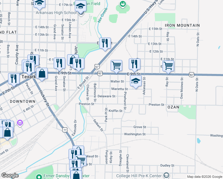 map of restaurants, bars, coffee shops, grocery stores, and more near 618 Charles Street in Texarkana