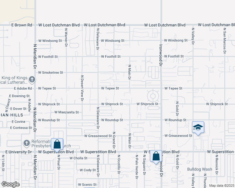 map of restaurants, bars, coffee shops, grocery stores, and more near 1513 North Grand Drive in Apache Junction