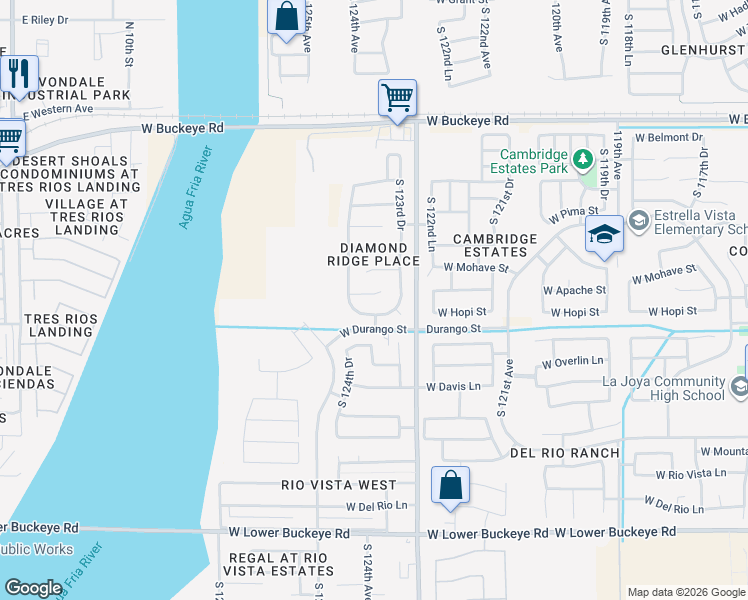 map of restaurants, bars, coffee shops, grocery stores, and more near 12417 West Apache Street in Avondale