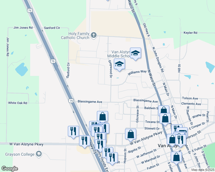 map of restaurants, bars, coffee shops, grocery stores, and more near 713 Williams Way in Van Alstyne