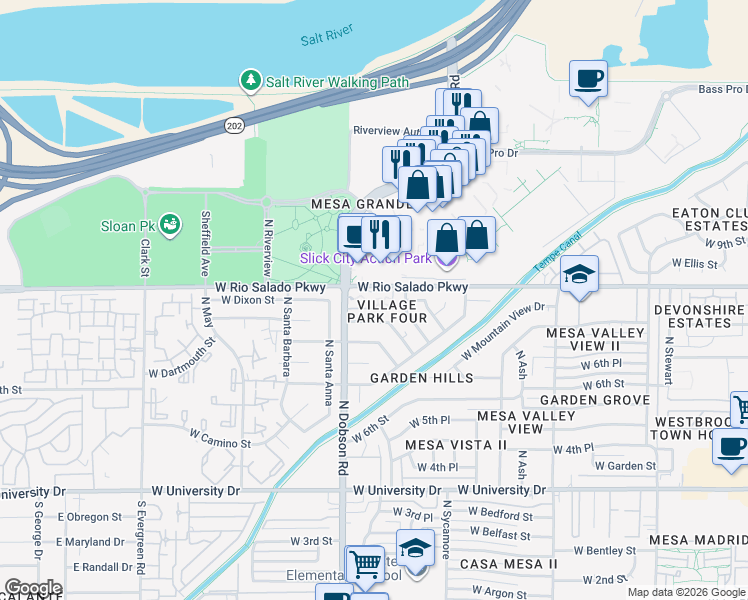 map of restaurants, bars, coffee shops, grocery stores, and more near 745 North Dobson Road in Mesa