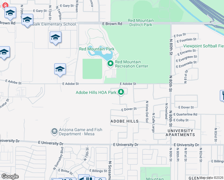 map of restaurants, bars, coffee shops, grocery stores, and more near 7607 East Downing Street in Mesa