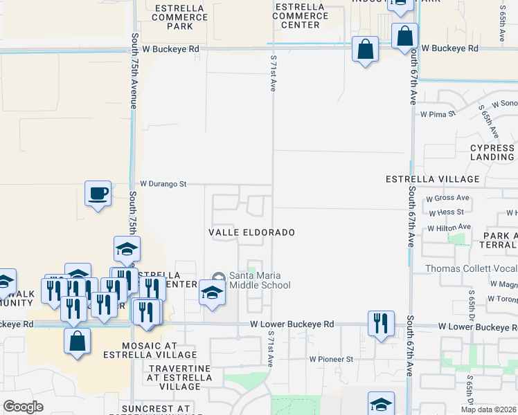 map of restaurants, bars, coffee shops, grocery stores, and more near 2024 South 71st Drive in Phoenix
