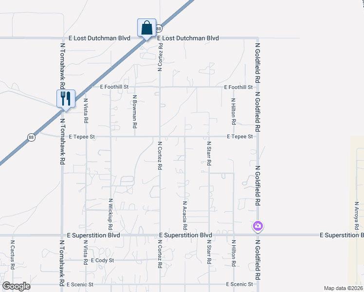 map of restaurants, bars, coffee shops, grocery stores, and more near 1531 North Acacia Road in Apache Junction