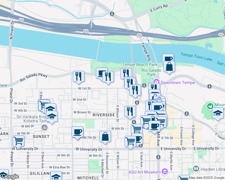 map of restaurants, bars, coffee shops, grocery stores, and more near 513 West 1st Street in Tempe