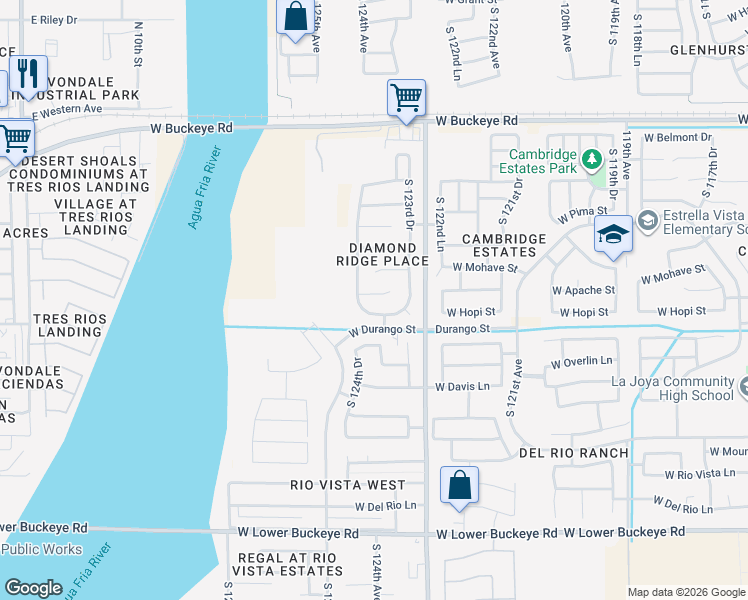 map of restaurants, bars, coffee shops, grocery stores, and more near 12417 West Apache Street in Avondale