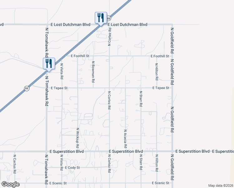 map of restaurants, bars, coffee shops, grocery stores, and more near 2455 East Tepee Street in Apache Junction