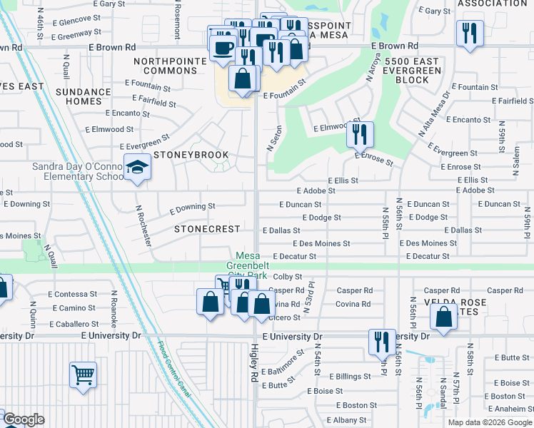 map of restaurants, bars, coffee shops, grocery stores, and more near 5216 East Dodge Street in Mesa