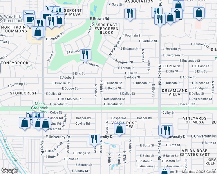 map of restaurants, bars, coffee shops, grocery stores, and more near 5626 East Dodge Street in Mesa