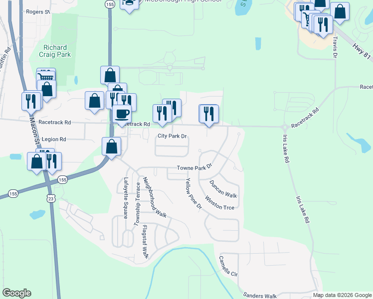 map of restaurants, bars, coffee shops, grocery stores, and more near 2000 Village Run Drive in McDonough